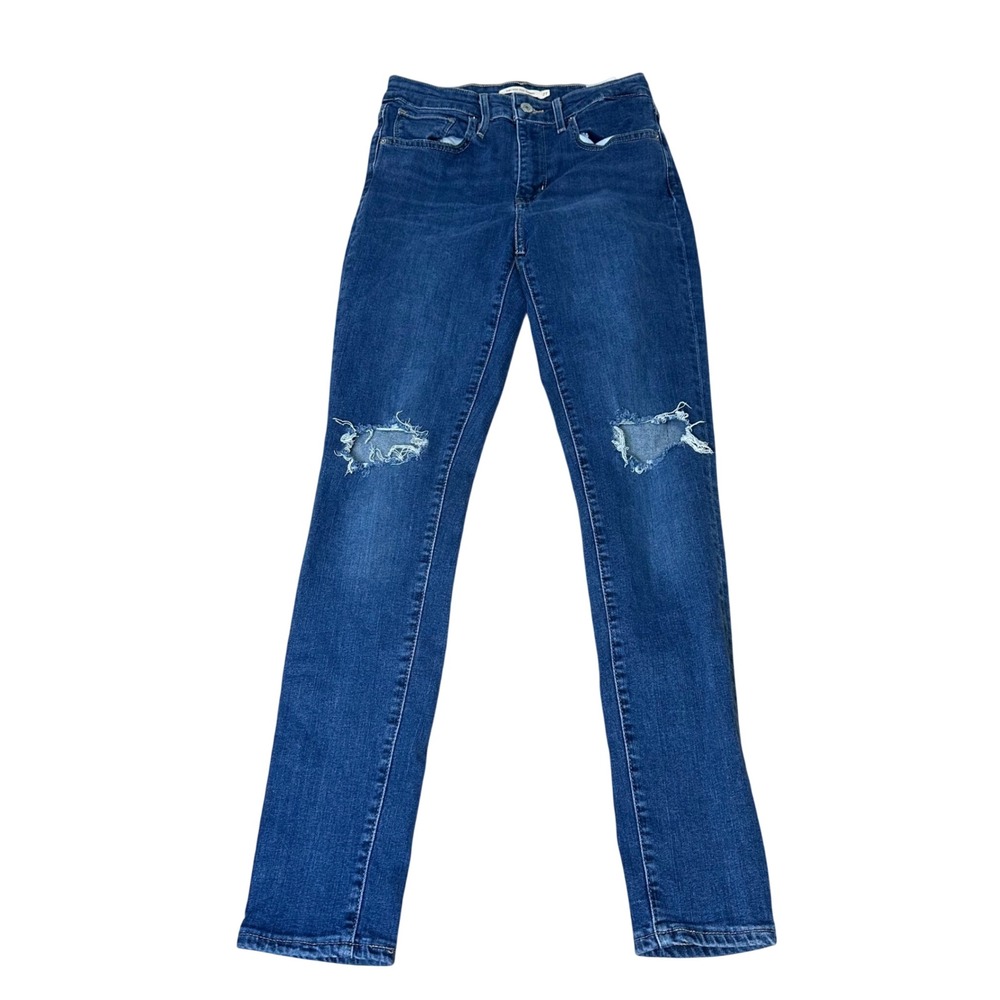 Levis Premium 721 High Rise Skinny Jeans Dark Wash Distressed Ripped Knee 27